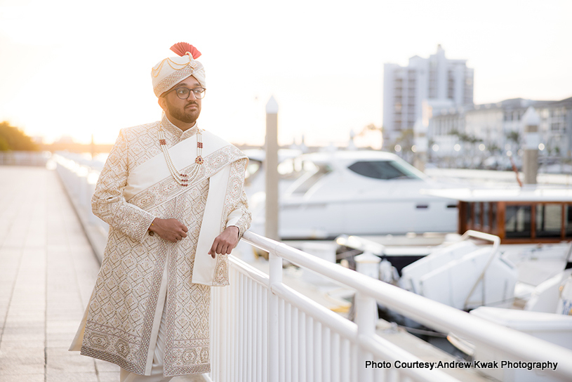 Indian groom posing for outdoor photoshoot