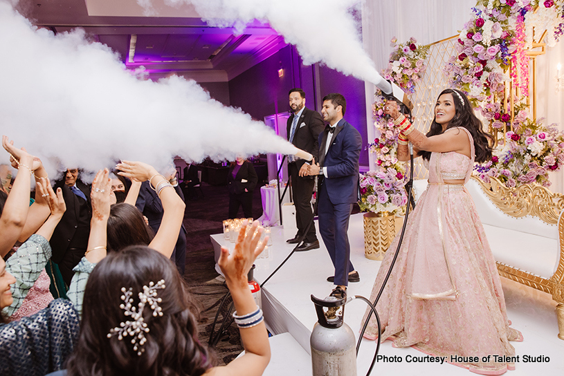 Indian wedding couple enjoying at reception