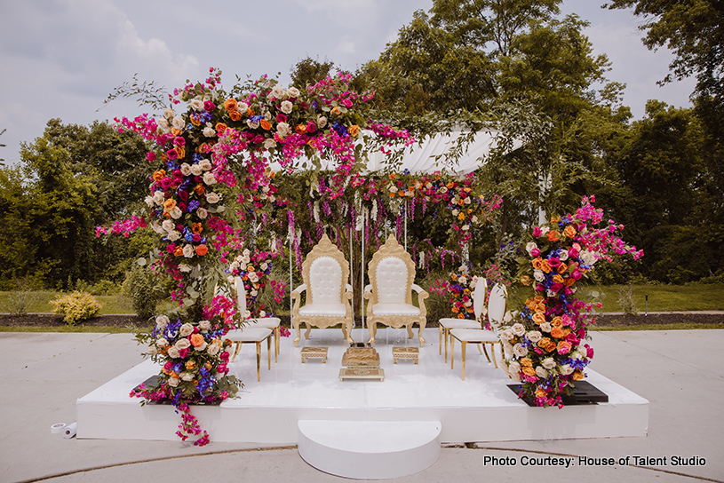 Beautifully decorated wedding hall at outdoor location